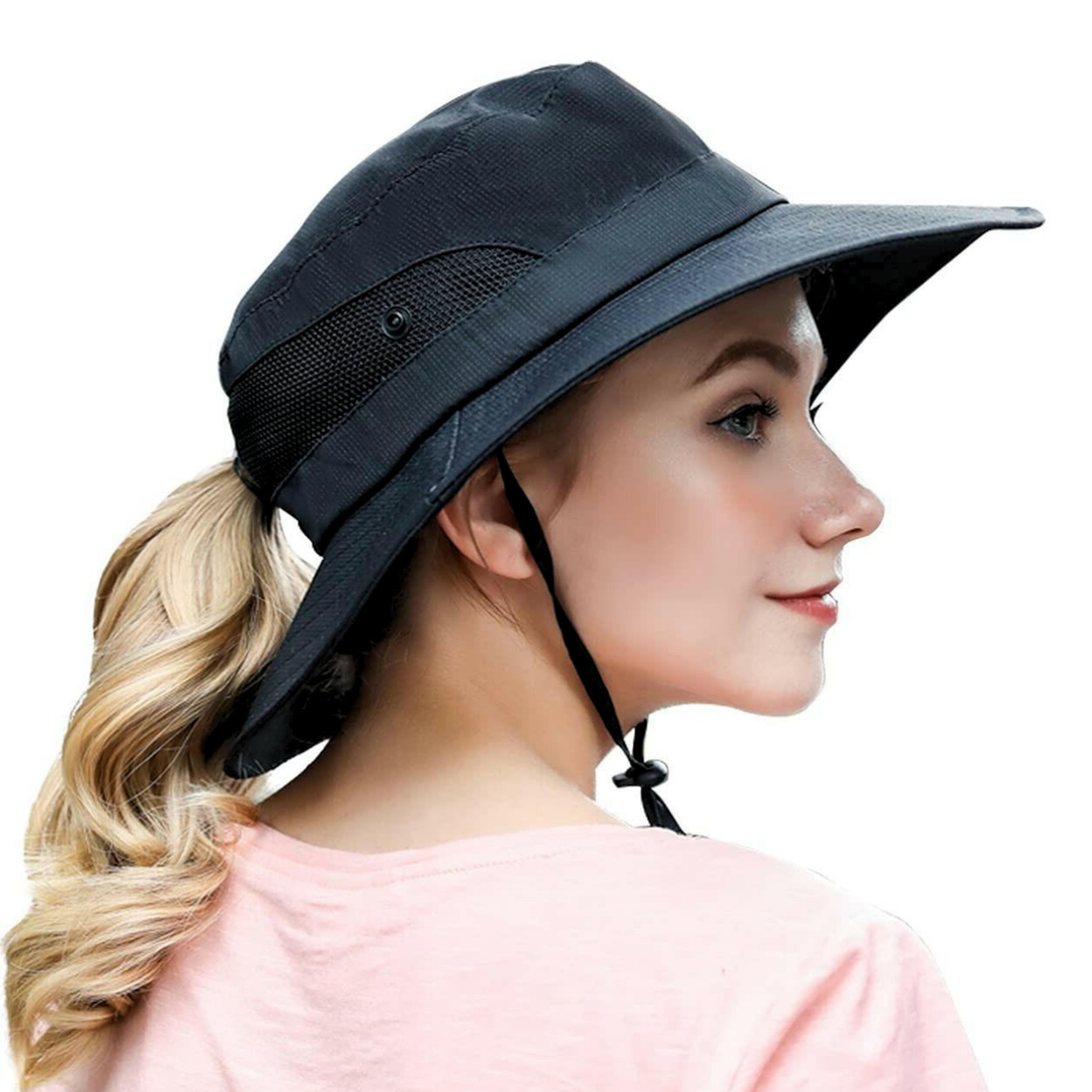 Women s Wide Brim Ponytail Hole Sun Hat UPF50 Material Button Up Cowgirl Style Sides OZ Smart