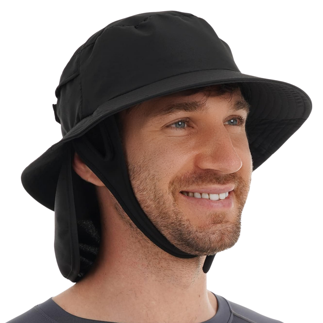 Surfing Bucket Hat with Buckle Chin Strap and Detachable Neck Flap Waterproof UPF50 Material Adjustable Velcro Crown OZ Smart