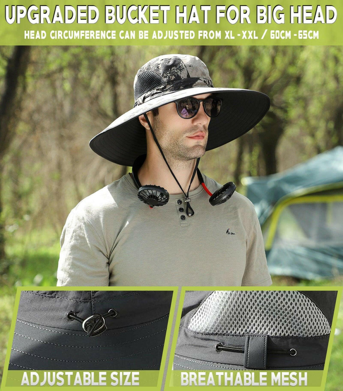 Men's Big Head Extra Wide Brim Sun Hat - UPF50+ XXL Adjustable ...